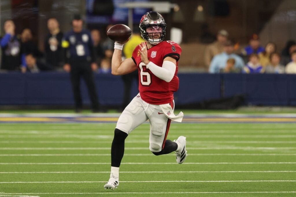 Bucs QB Baker Mayfield sprains left shoulder in loss to Rams
