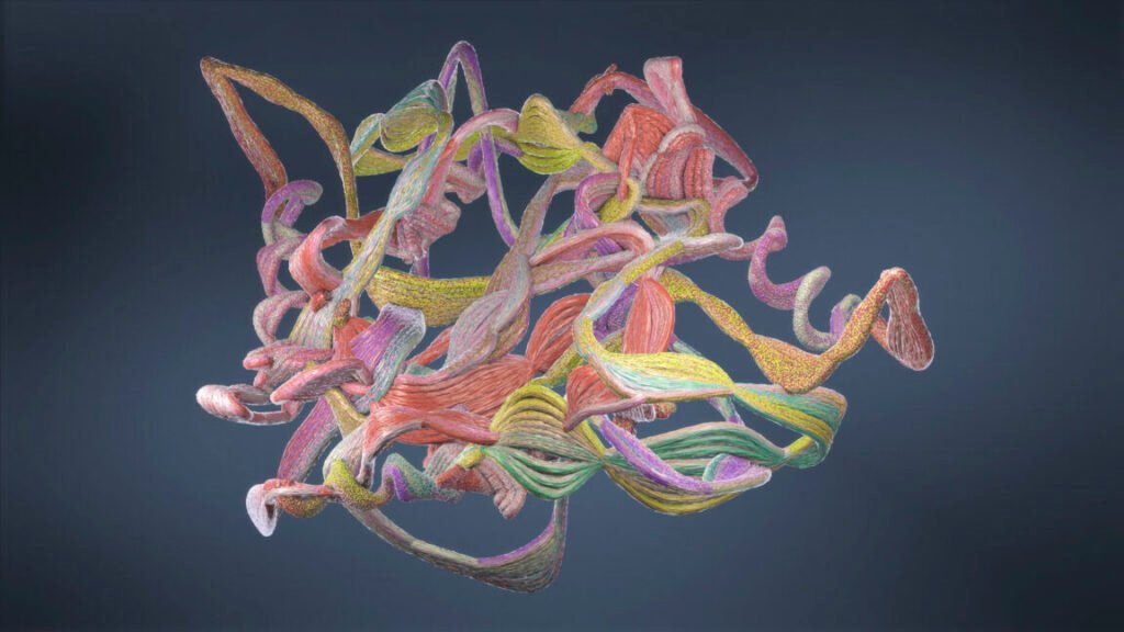 a blueish grey background with a single, thick, multicolored ribbon in the foreground. The ribbon traces a complicated 3D shape that