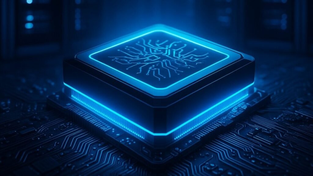 Illustration of a computer chip on a circuit board.