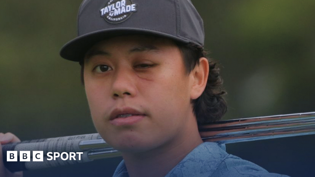 Blinded in one eye but facing McIlroy in Australia Jeffrey Guan poses with a golf club