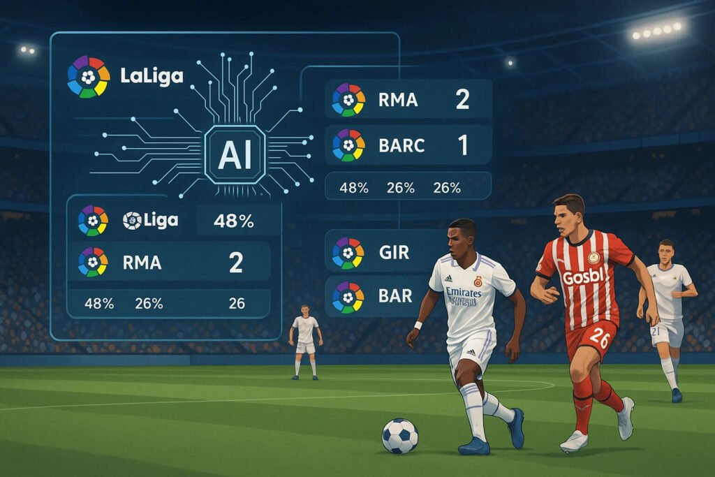 Digital illustration of a La Liga football match between Real Madrid and Girona, with an AI interface overlay displaying match predictions, team logos, scores, and win probabilities, highlighting how artificial intelligence is used to forecast outcomes in Spanish football.