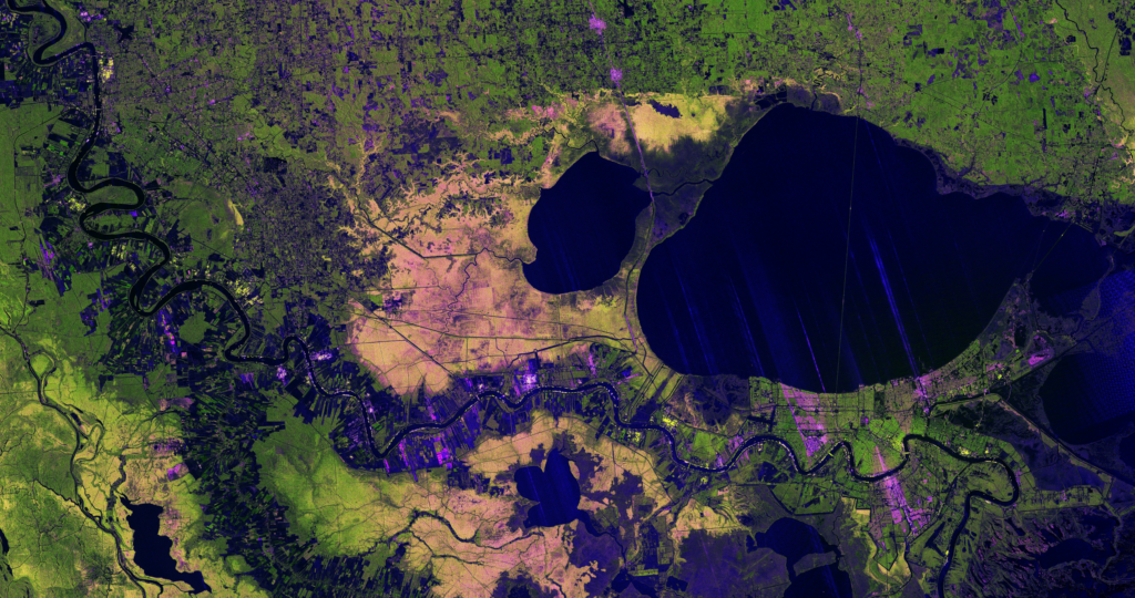 A full color overhead view of the Mississippi River Delta region, including New Orleans, Lake Ponchartrain and surroundings.