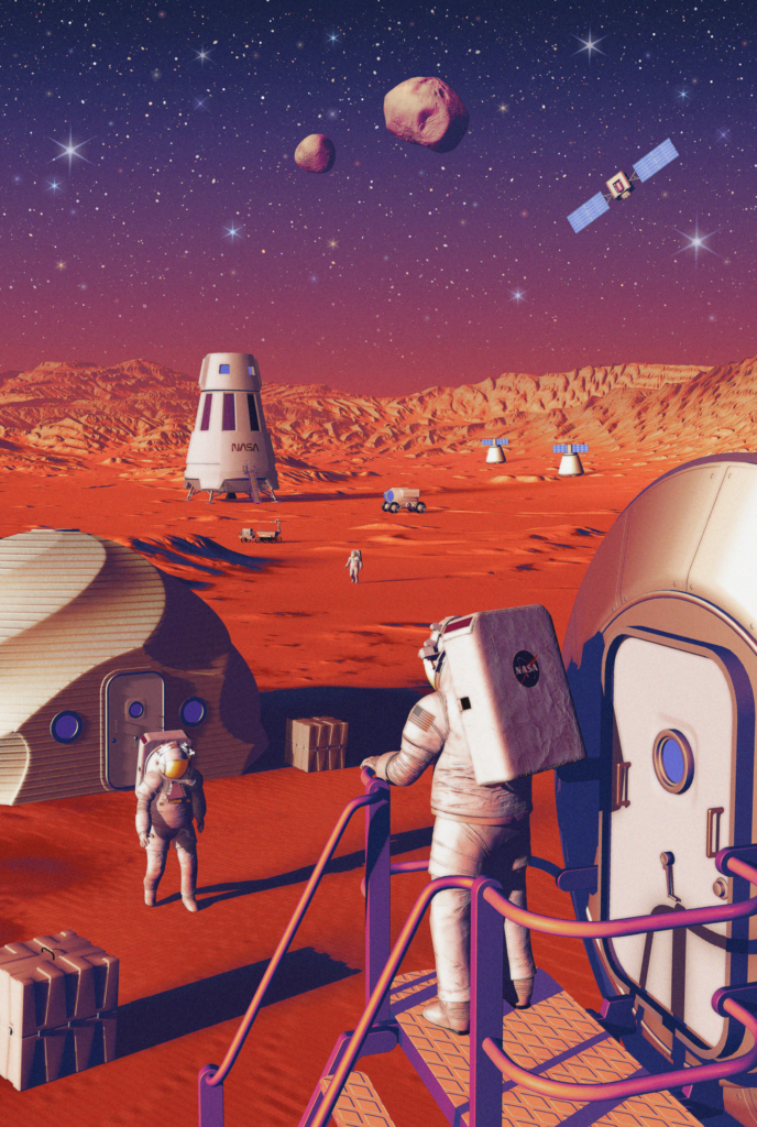 This illustration of Moon to Mars infrastructure shows astronauts living and working on the surface of Mars. NASA’s Moon to Mars Objectives establish an objectives-based approach to the agency