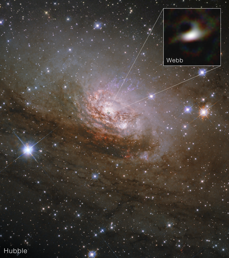 Image shows a large spiral galaxy that that has a bright white center, with several lanes of reddish-brown dust and gas in between faint white arms. The galaxy takes up the center third of the frame. There are several thousand stars, some with diffraction spikes, scattered around the image. This image is labeled Hubble. A small box outlining an area at the center of the galaxy leads a pullout square at the top right. The image, labeled Webb, is dark with a white glowing oval at the center.
