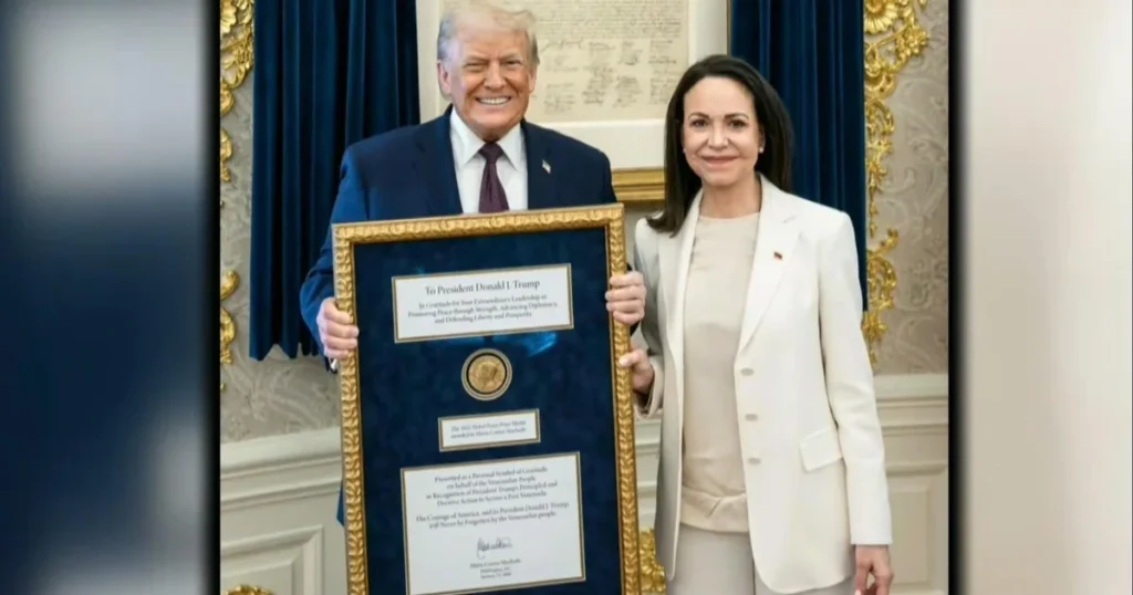 Venezuelan opposition leader María Corina Machado presents Trump with her Nobel Peace Prize