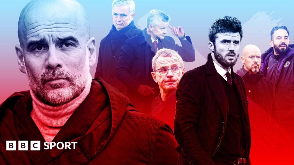 Pep Guardiola and Man Utd managers, with the Man City boss in a red and blue tinted composite picture with Jose Mourinho, Ole Gunnar Solskjaer, Ralf Rangnick, Michael Carrick, Erik ten Hag and Ruben Amorim