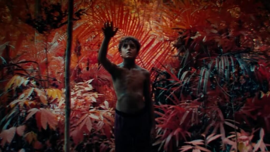 young barechested boy in a forest lit with exotic orange and red hues, holding up one hand as if yo touch something only he can see