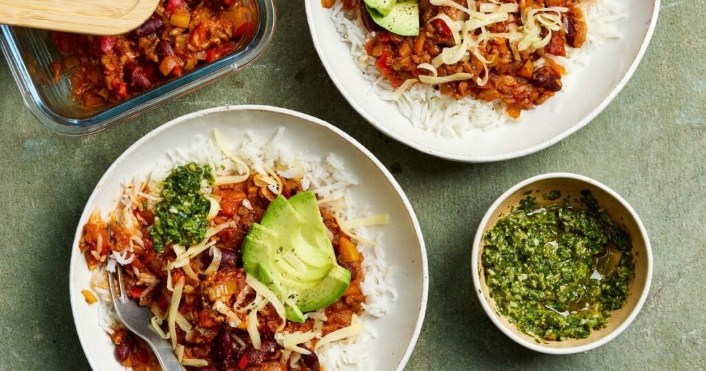 Bean & beef chilli with jalapeño, coriander & pumpkin seed relish